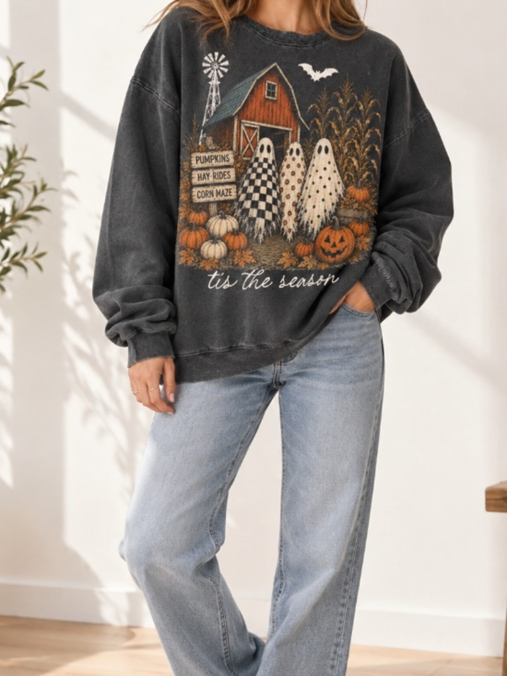 Tis The Season Ghost Trio Halloween Sweatshirt, Pumpkin Patch Ghosts Design - Picture 4 of 7